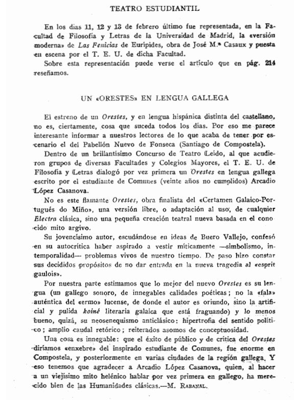 Un Orestes en lengua gallega Un Orestes en lengua gallega