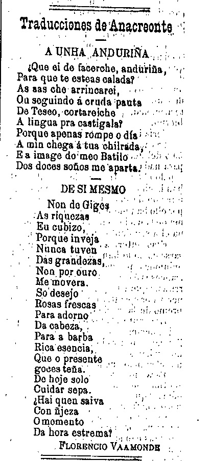 Anacreóntica 10 e 8. A unha anduriña. De si mesmo Anacreóntica 10 e 8. A unha anduriña. De si mesmo