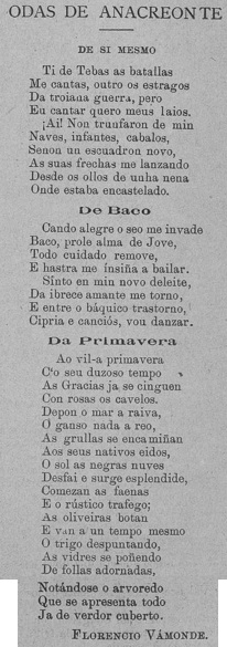 Anacreóntica 26, 49 e 46. De si mesmo. De Baco. Da primavera Anacreóntica 26, 49 e 46. De si mesmo. De Baco. Da primavera